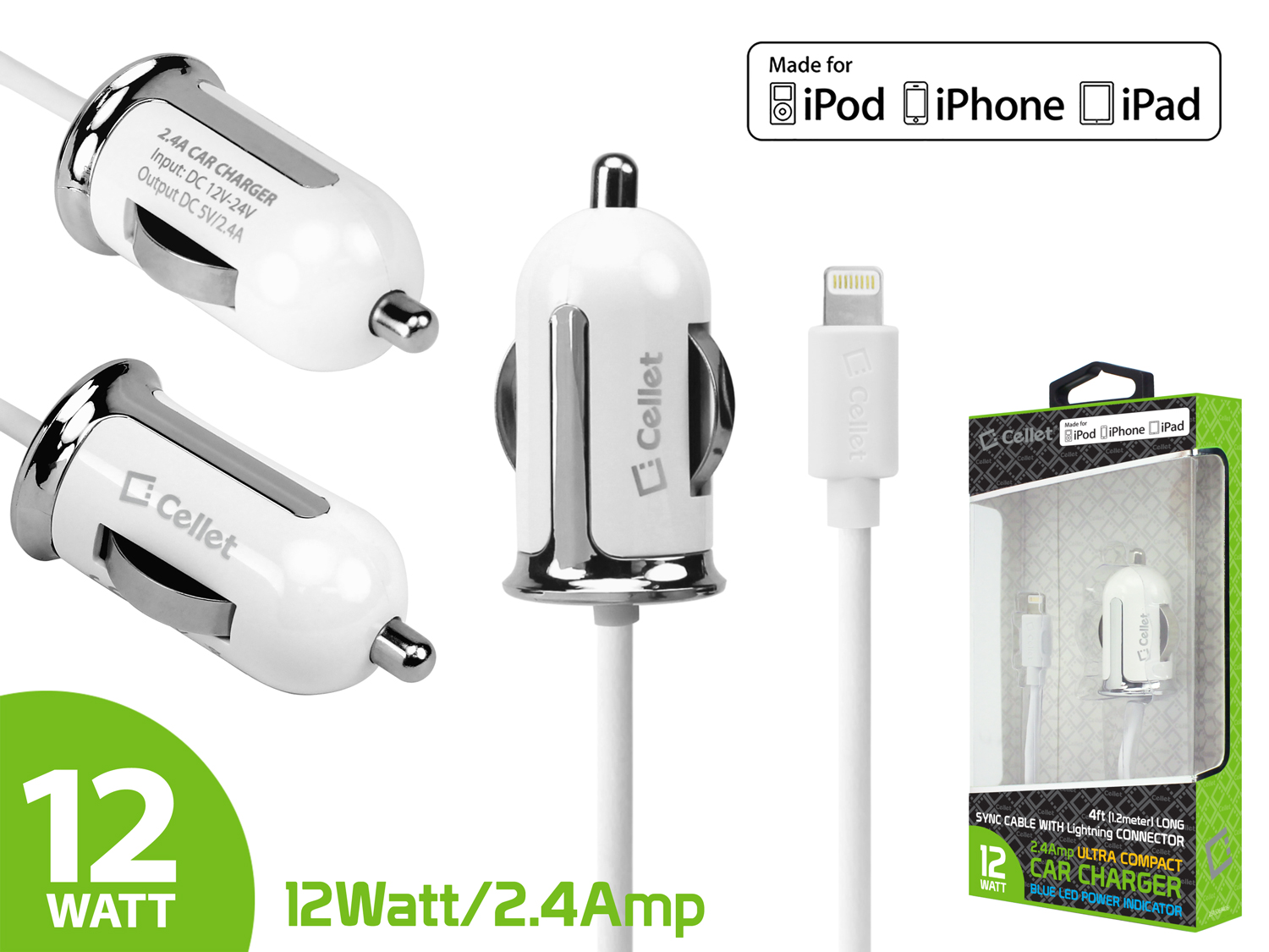 Cellet Ultra Compact Apple 2.4A/12W Lightning Car Charger for iPhone Xr