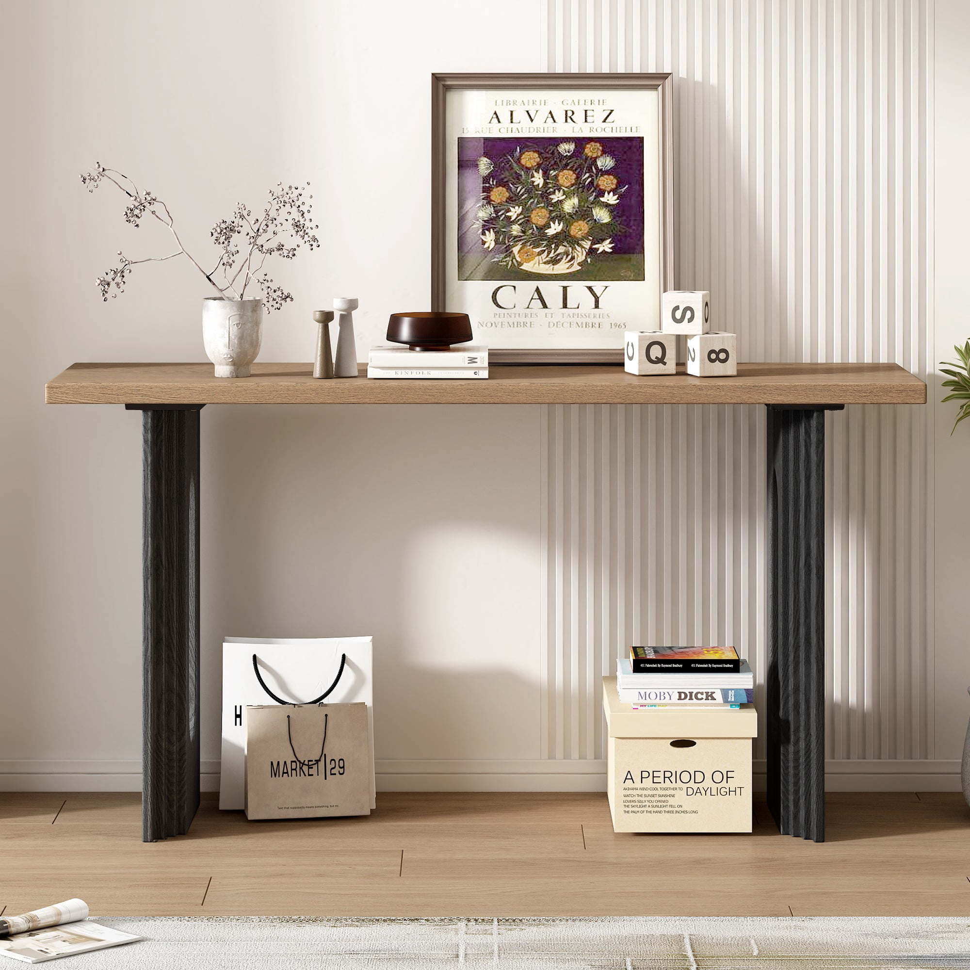 59" Console Table,Wooden Sofa Table Entryway Table with Distinctive Round Hollow Legs for Hallway, Entrance, Living Room, Bedroom,Natural