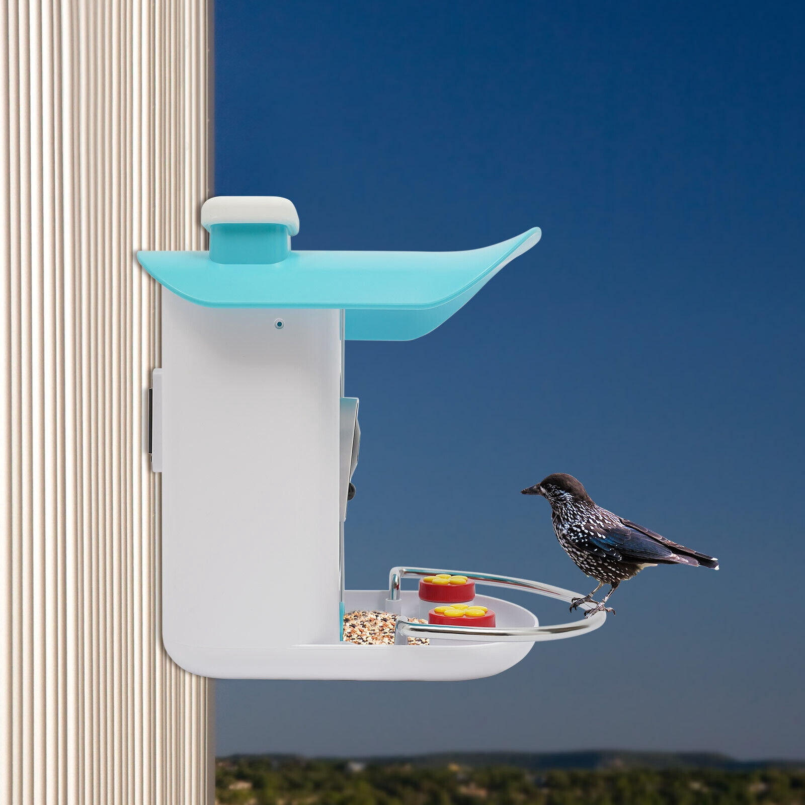 Blue&White Modern Smart Bird Feeder - 1080P 2MP Camera,150° Wide Angle,AI Bird Recognition (11000+ Species),Solar/USB Powered,IP65 Waterproof,2.5L Capacity for Outdoor Bird Watching
