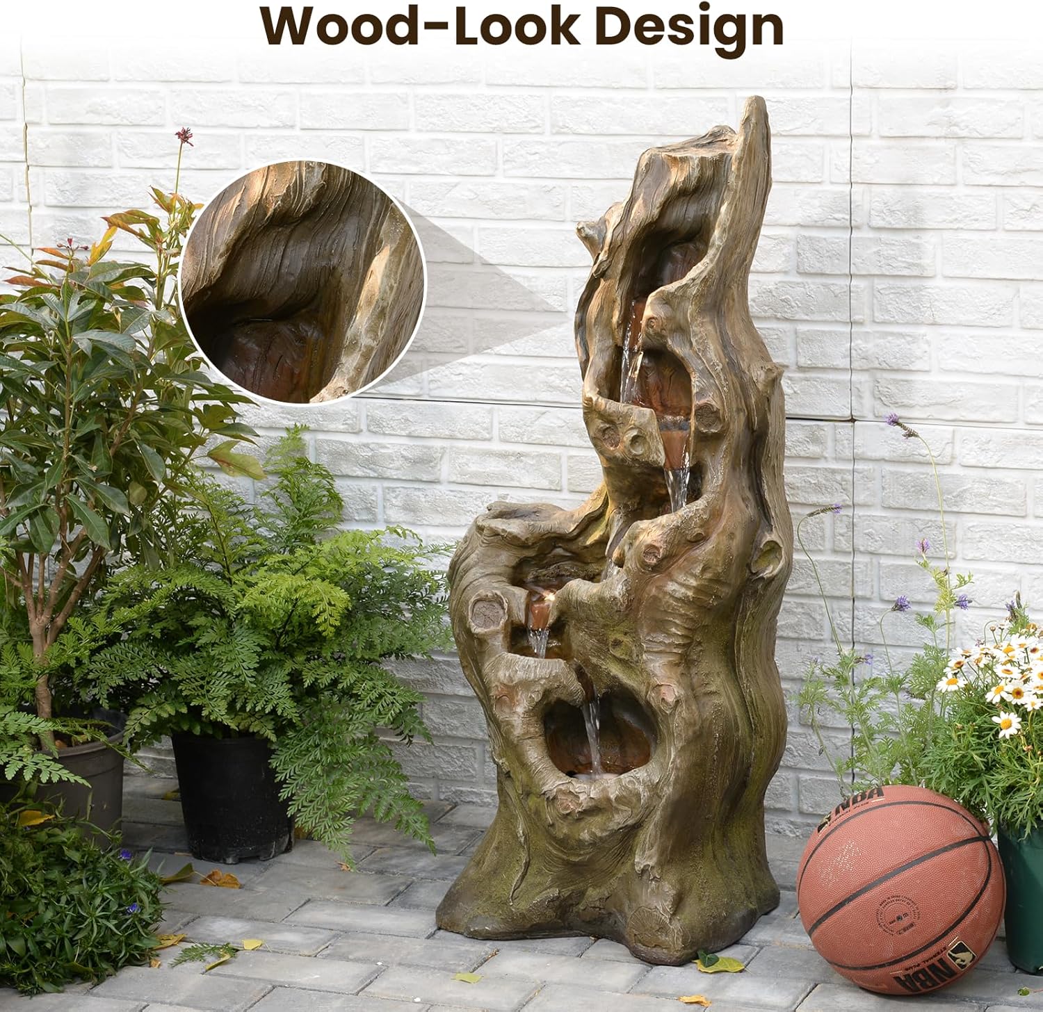 Water Fountain Outdoor 5-Tiers Large Cascading Realistic Tree Trunk Natural Waterfall Outdoor Fountain Resin Imitation Wood with LED Lights for Garden, Patio, Porch