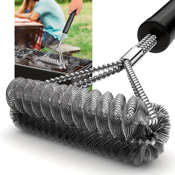Grill Brush, Stainless Steel Grill Brush, Wire Grill Brush, Grill Grate Cleaner Tool, 11X6.5 in Heavy Duty Scrub Brush with Non-Slip Black Handle for Thorough Residue Removal on