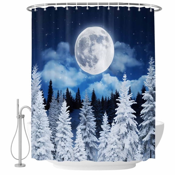 Small Stall Shower Curtain 36x72 Inch Narrow Half Size Moonlight Landscapes Bath Curtains Bathroom Decor, Winter Christmas Trees Forest Waterproof Fabric Shower Curtain Set with Hooks 36 Inch