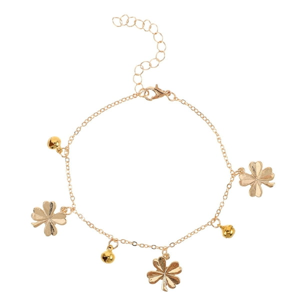 Tobillera de aleación delicada con cascabeles de trébol de cuatro hojas, joyería de playa de verano, tobillera ajustable, decoración para mujeres y niñas