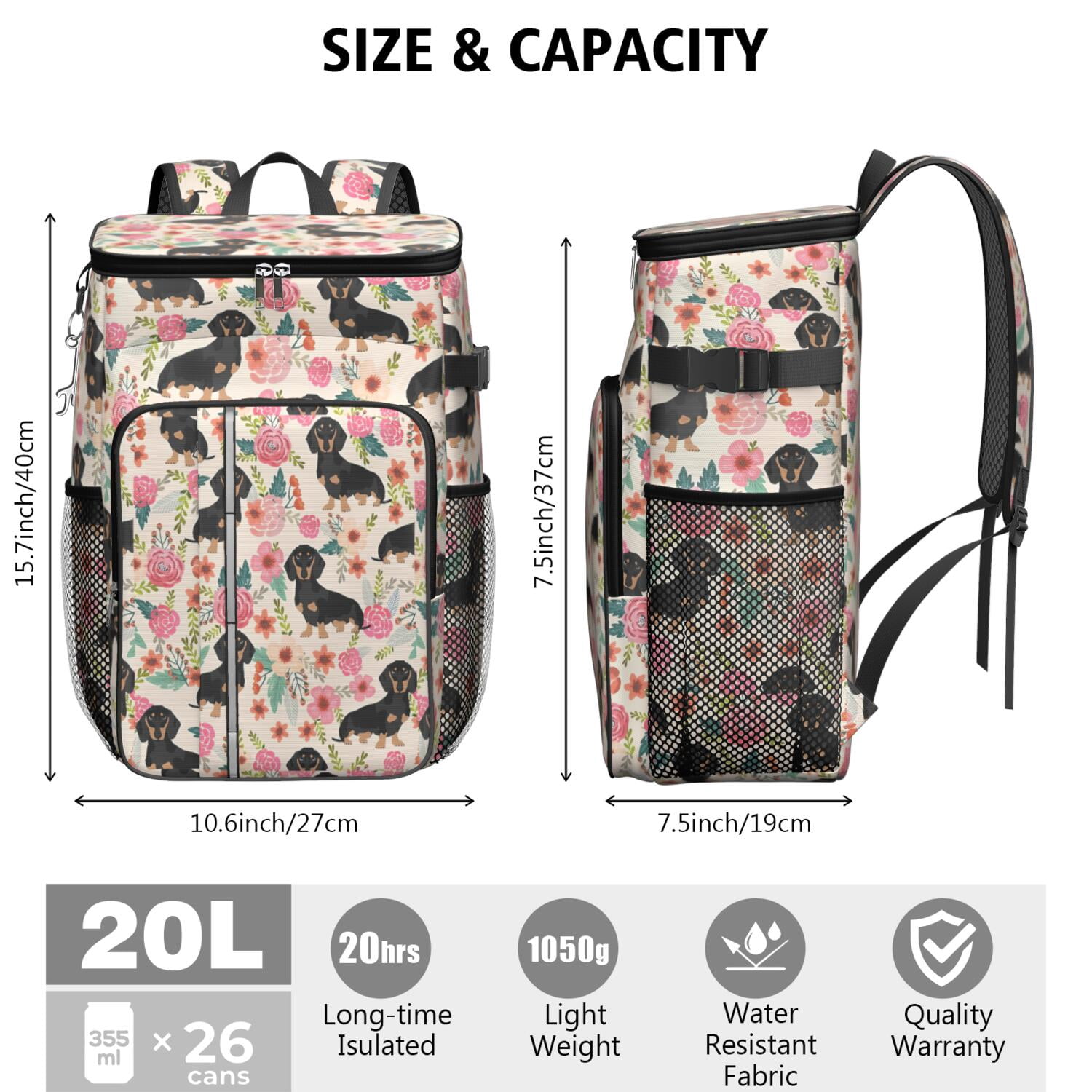 Travel Cooler Bag - Dachshund and Flower Camping Beer Cooler Backpack with Bottle Opener- Waterproof Insulated Picnic Backpacks - Cooler Bag for Beach