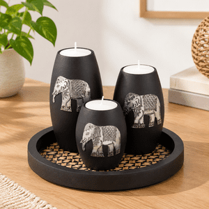 Set of 3 Handmade Wood Elephant Tealight Candle Holders with Tray Black Table Centerpiece