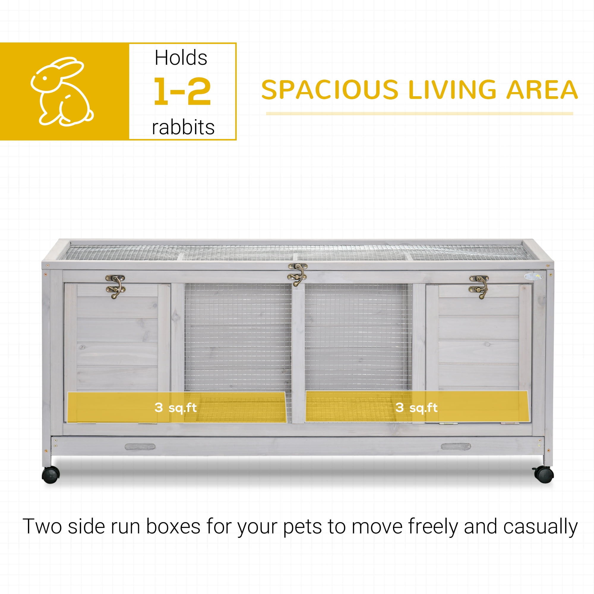 PawHut Wooden Rabbit Hutch with Wheels, Dividers for Indoor Use, Gray