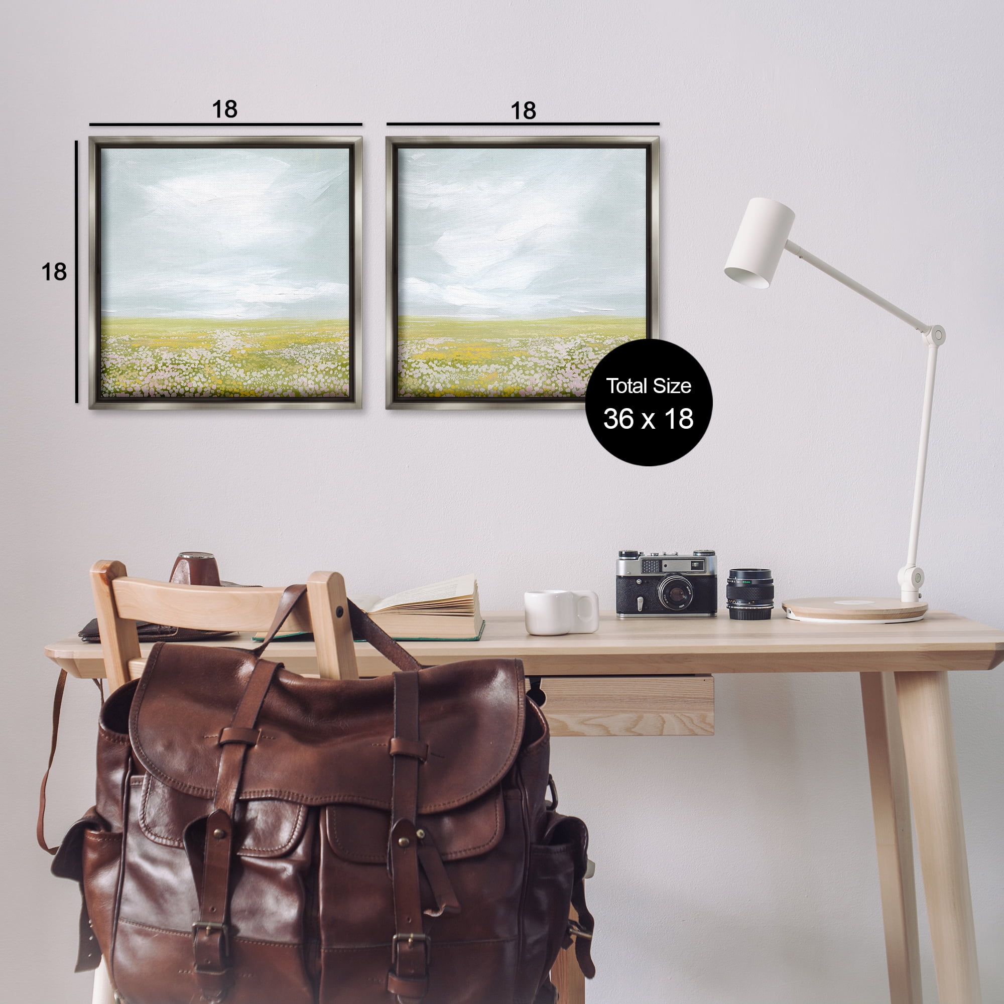 Stupell Industries Flowering Field Wispy Clouds Landscape & Nature Painting Gray Floater Framed Canvas Art Print Wall Art, 18 x 18, Set of 2