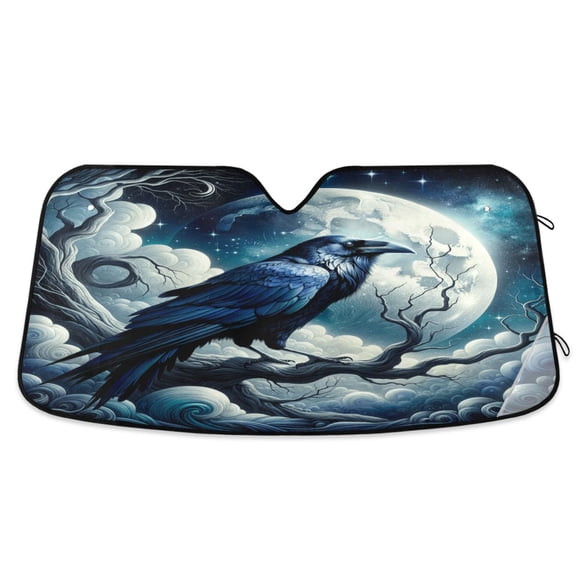 Crow on Branch with Moon Car Windshield Sun Shade Foldable Car Front Window Visor Heat and UV Protection 53x23.5