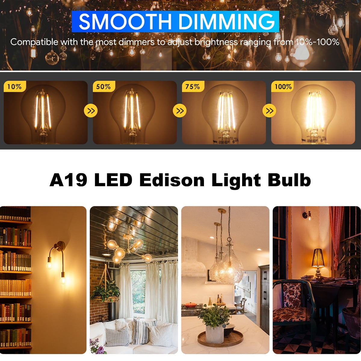 ENERGETIC A19 LED Edison Light Bulb 100W Equivalent, E26 Base, Dimmable, 1600lm, 2700K Soft White, 6Pack
