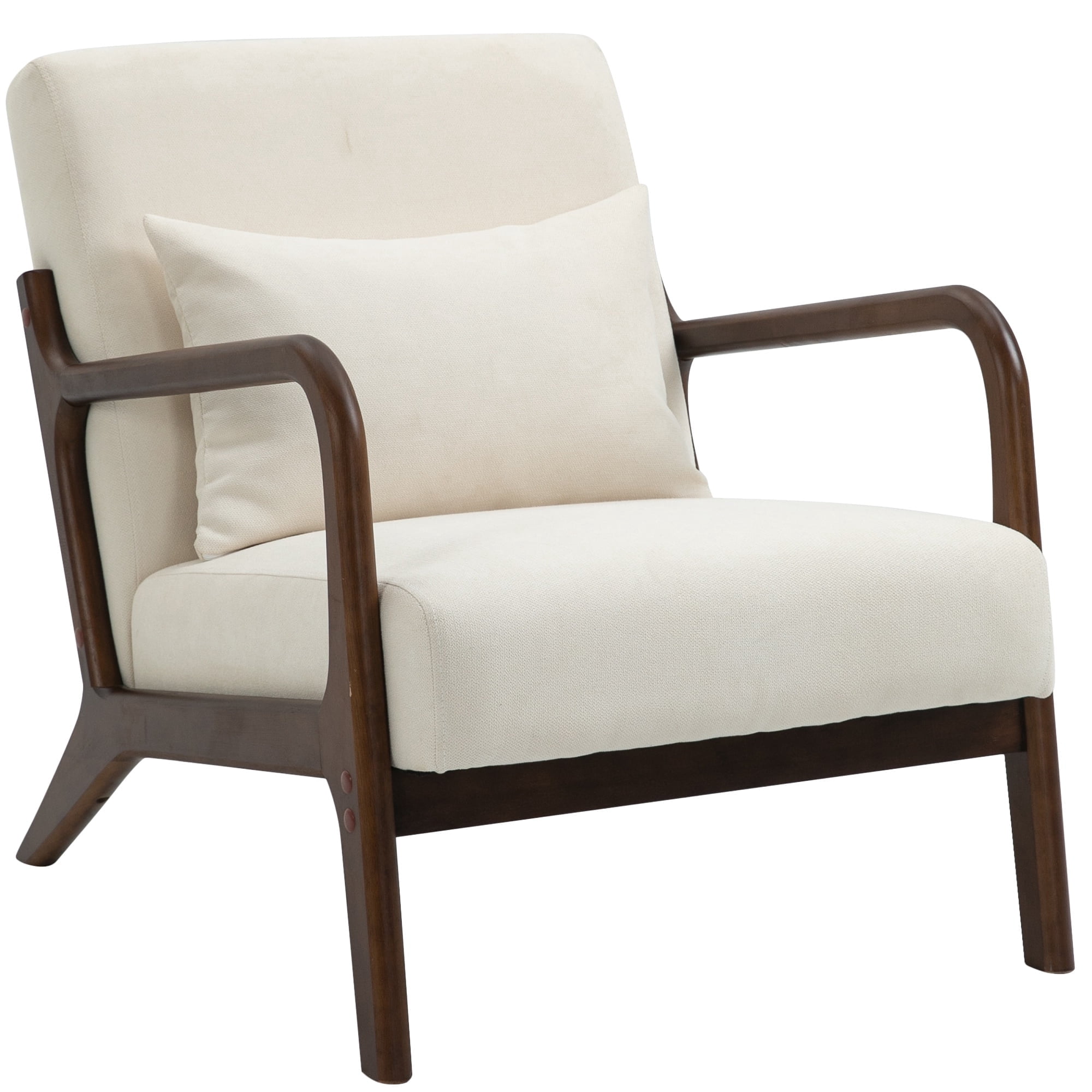 PAPROOS Mid-Century Modern Accent Chair, Velvet Fabric Arm Chair with Wood Frame and Pillow, Upholstered Armchair Comfort Reading Chair Lounge Chair for Living Room Bedroom Sunroom, Beige