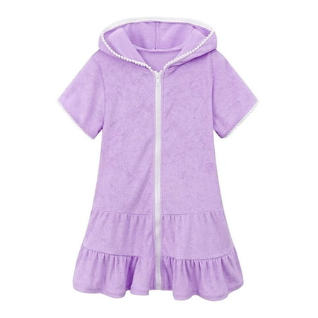

Elainilye Fashion Girls Swim Cover Up Kids Swimsuit Coverup Hooded Terry Zip-Up Beach Bathing Suit Robe Suitable for Ages 3-11 Years Purple