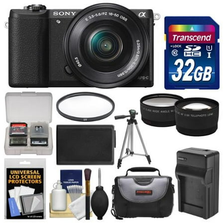 Sony Alpha A5100 Wi-Fi Digital Camera & 16-50mm Lens (Black) with 32GB Card + Case + Battery & Charger + Tripod + Filter + Tele/Wide Lens Kit