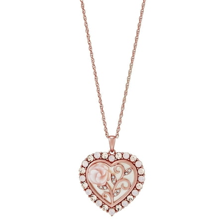 Brillance Fine Jewelry Mother of Pearl Crystals Heart Pendant in Sterling Silver and 14K Pink Plate,18"