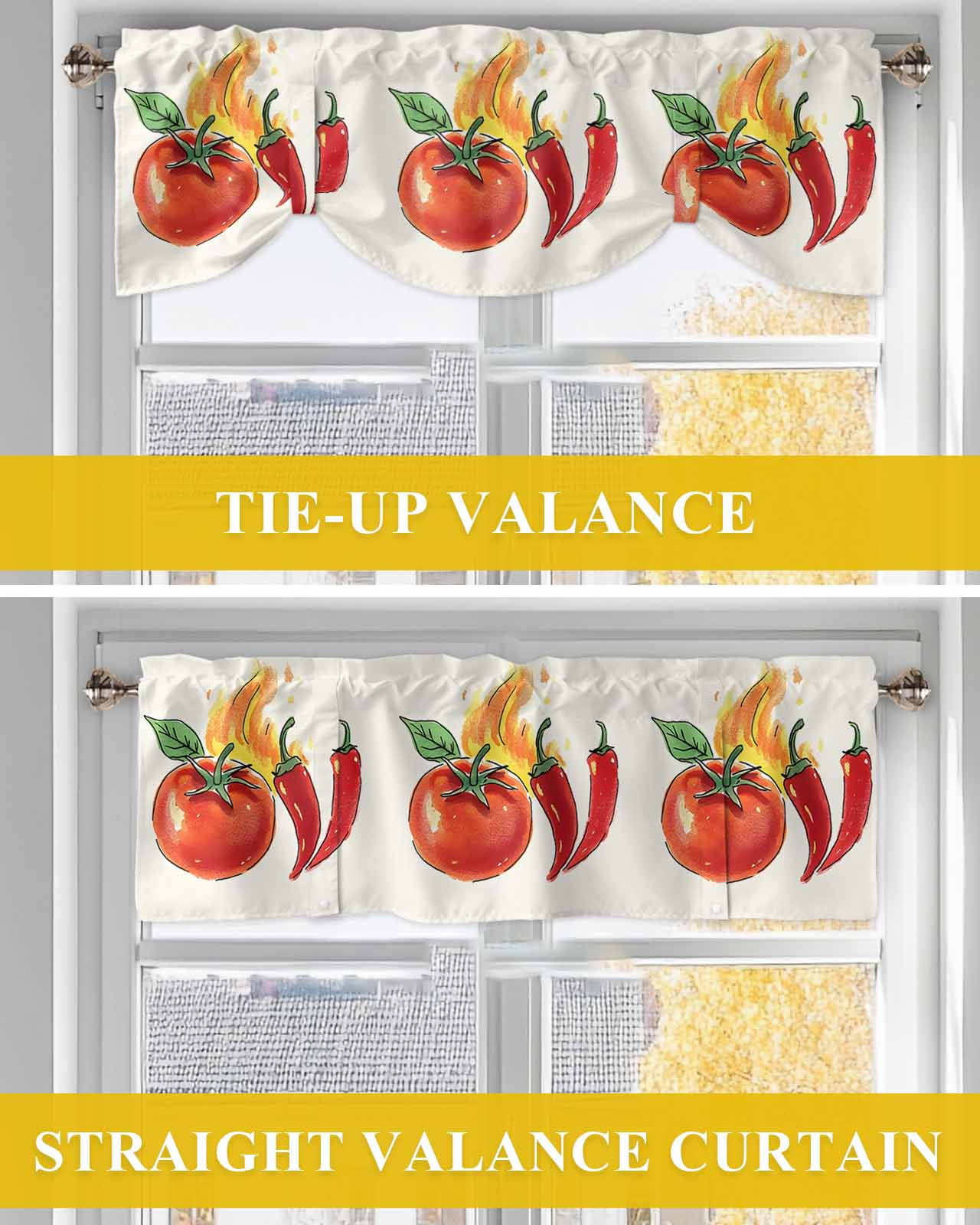 Tomato Chili Fire Tie Up Valances Curtain, Vegetable Kitchen Valances for Windows Decor, Rod Pocket Short Curtains Set for Bedroom/Bathroom, 54"x18"