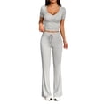 thumbnail image 3 of 2 Piece Matching Summer Sweatsuit Lounge Set Womens Wide Leg Pants Side Ruching Crop Top Sets Flower Gray S, 3 of 9