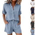 thumbnail image 4 of VISALY Womens 2 Piece Linen Short Sets Roll-Up Short Sleeve Button Down Collared Shirt Elastic High Waist Shorts Set Lightweight Casual Summer Tracksuit Beach Vacation Two Piece Outfit Blue L, 4 of 7