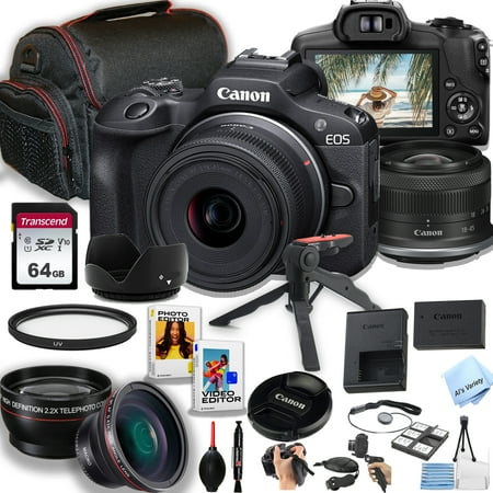 Canon EOS R100 Mirrorless Camera with 18-45mm Lens + 64GB Memory, Macro + 2X Len, Case, Gripster Tripodpod, and More (28pc Bundle) (International Version)