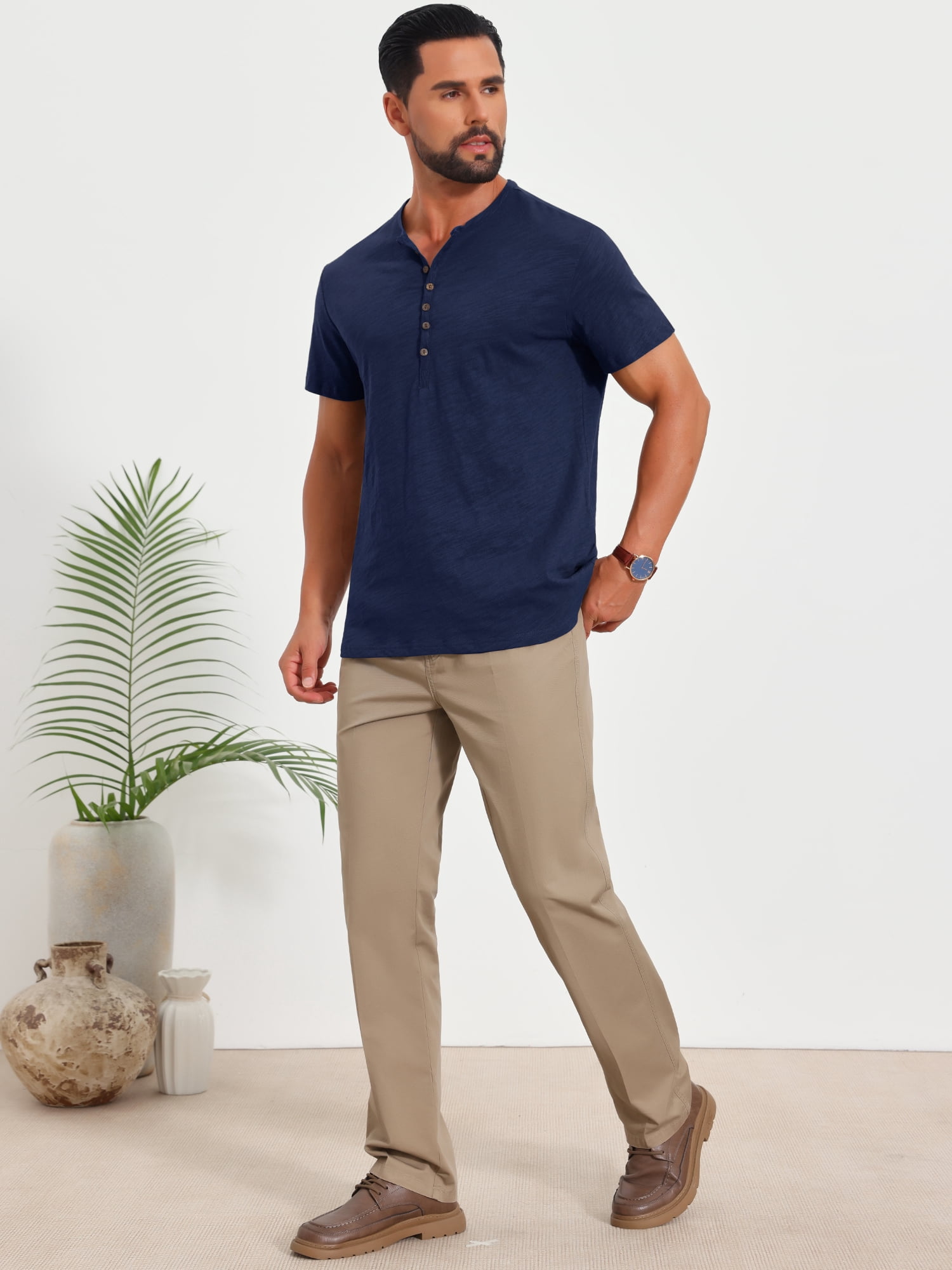 DARING DIVA Men's Retro Henley Texture Button Down Short Sleeve T-Shirt L Navy Blue
