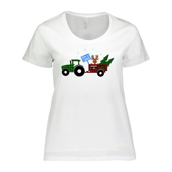 Inktastic Plaid Christmas Tractor With Cute Reindeer Women's Plus Size T-Shirt