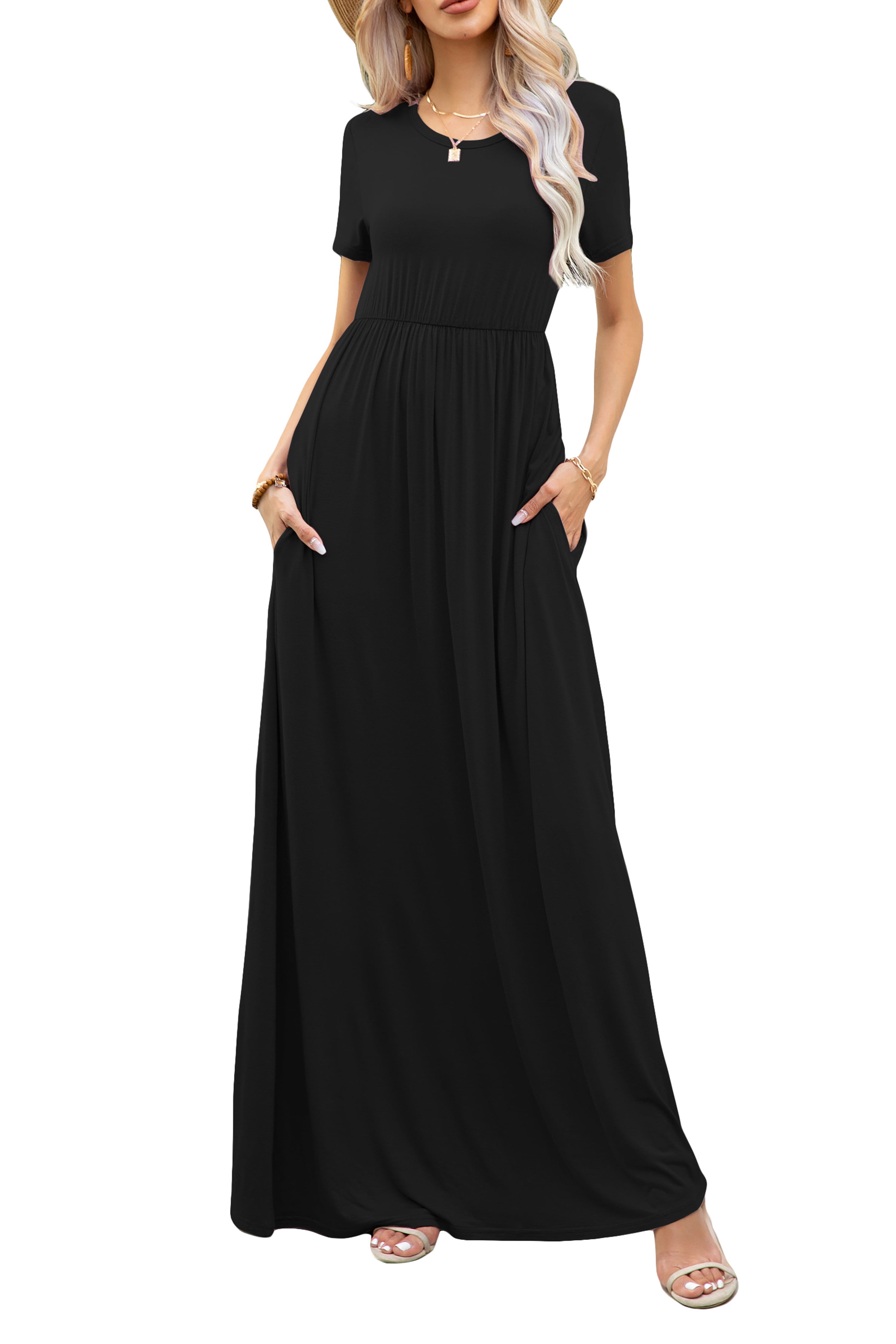 CALIPESSA Womens Summer Casual Loose Swing Black Floor Long Maxi Dress