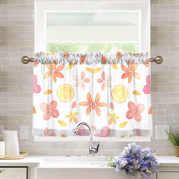 Yayeee Kitchen Curtains Tier Pair Light Filtering 27"x24" Rod Pocket Short Cafe Window Panel, White Floral Orange