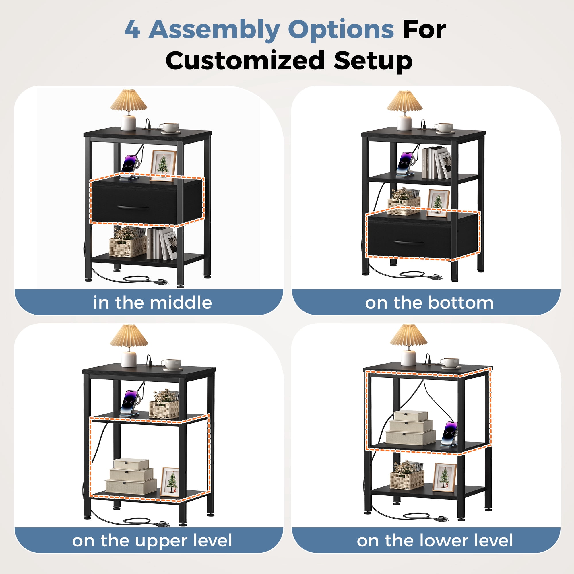 CONCETTA Set of 2 Small Night Stand with Charging Station, 1 Fabric Drawer, USB Ports and Outlets, Open Storage Shelf Bedside End Table for Bedroom, Black