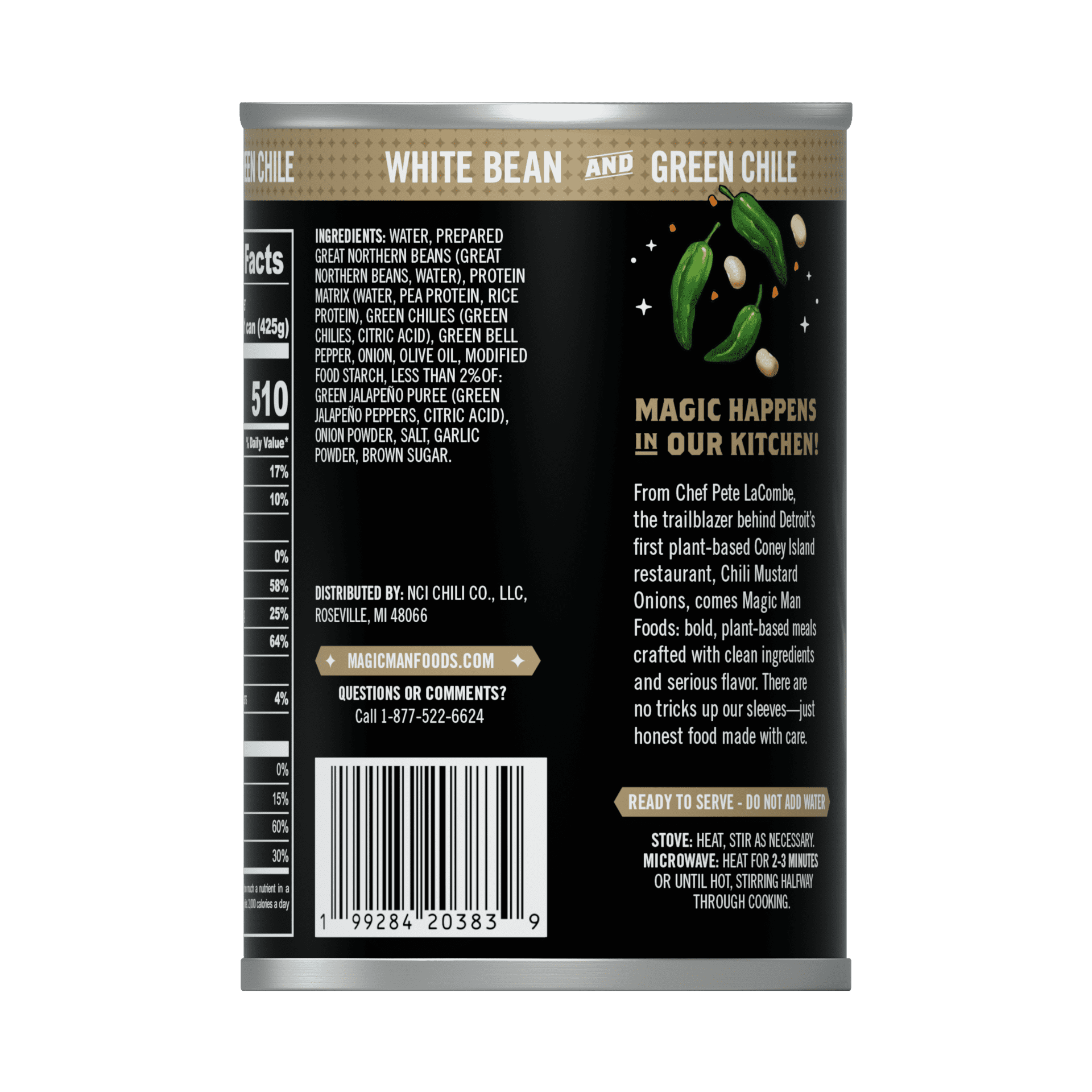 Magic Man Plant Based White Bean Green Chile Chili, 15oz Can, Vegan, Gluten free, Soy free, Seed Oil free