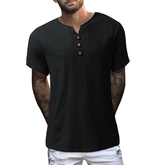 Bcfgryg Men Summer Solid Color Cotton And Linen Short Sleeve V Neck Button T Shirts Men Shirts Black