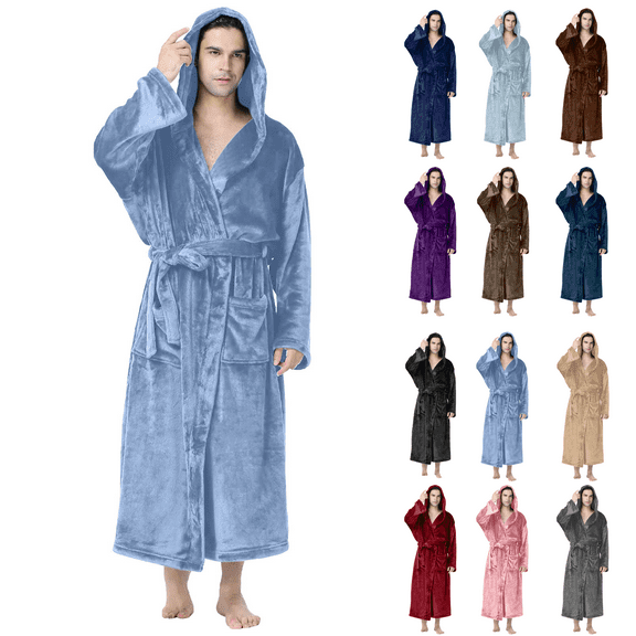 Mens Flannel Hooded Robe Plus Size Fleece Plush Nightgown Long Sleeve Spa Robe Winter Housecoat with Pocket and Belt Soft Cozy Bathrobe