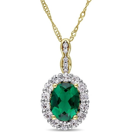 Tangelo 1-5/8 Carat T.G.W. Created Emerald, White Topaz and Diamond-Accent 14kt Yellow Gold Vintage Oval Halo Pendant, 17