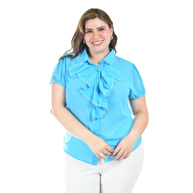 Blusa con detalle de olanes Roman Fashion /Tallas Extras, 204 (Azul claro) azul 42