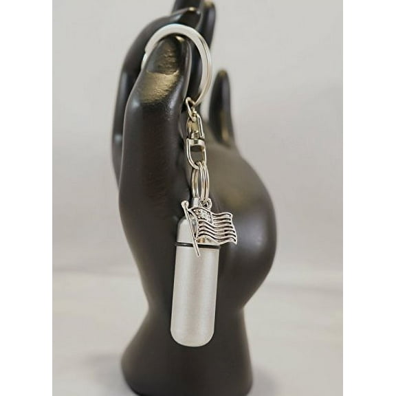 Brushed Silver US FLAG Pocket Pill Holder/Container/Stash on Swivel Steel Keychain