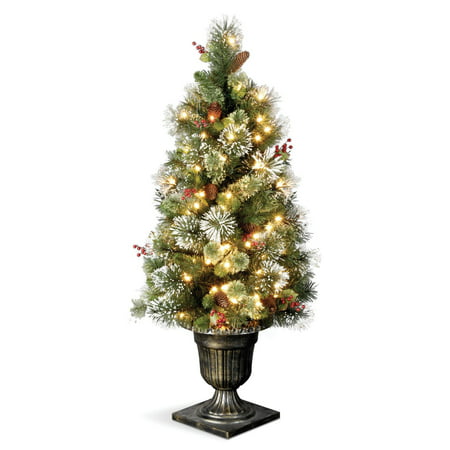 National Tree Pre-Lit 4' Wintry Pine Entrance Artificial Christmas Tree Cones, Red Berries and Snowflakes with 50 Clear