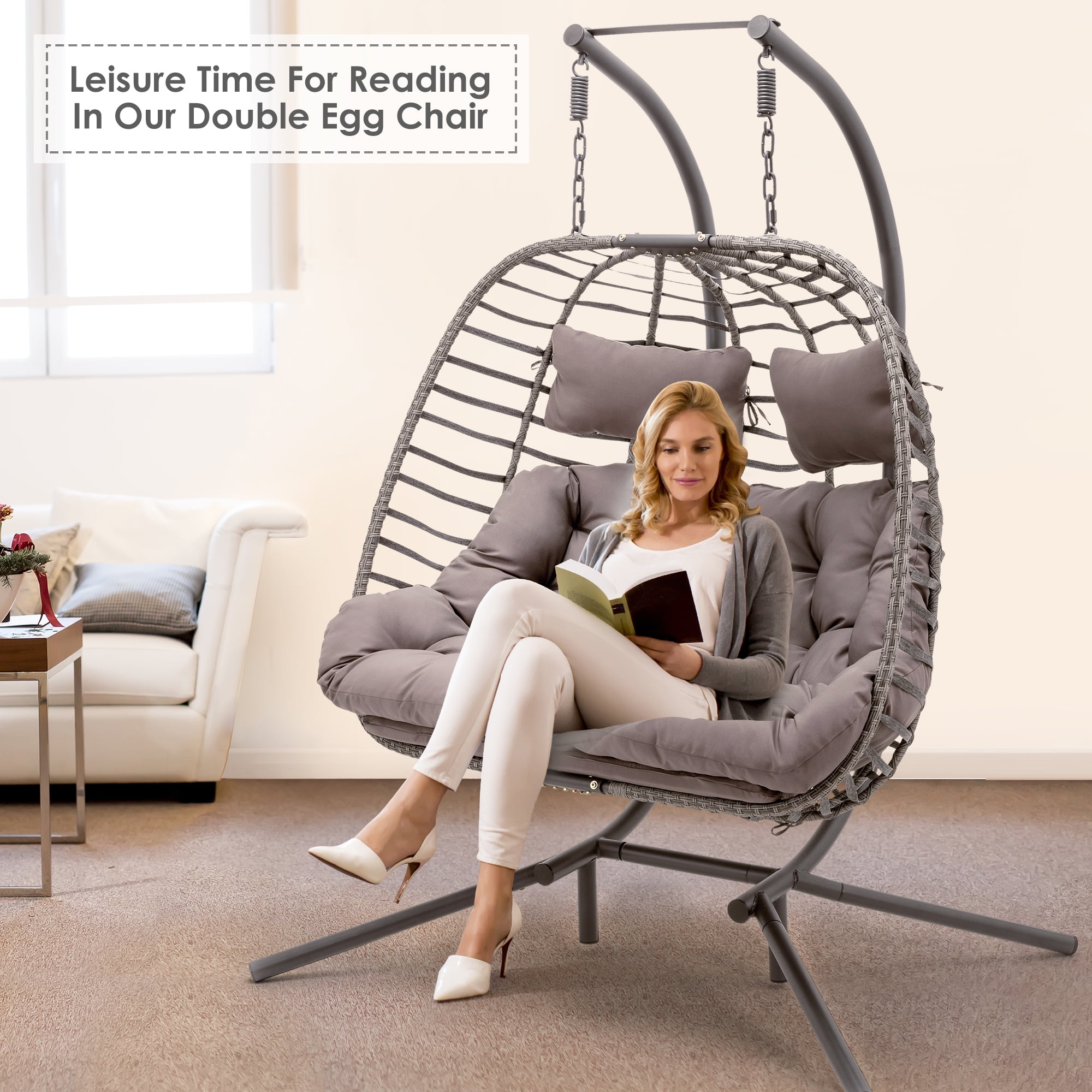 Brafab Double Wicker Swing Egg Chair Hammock Foldable Hanging Loveseat with Stand and Removable Fluffy Cushions, 450LBS Capacity for Bedroom, Balcony, Yard, Dark Grey