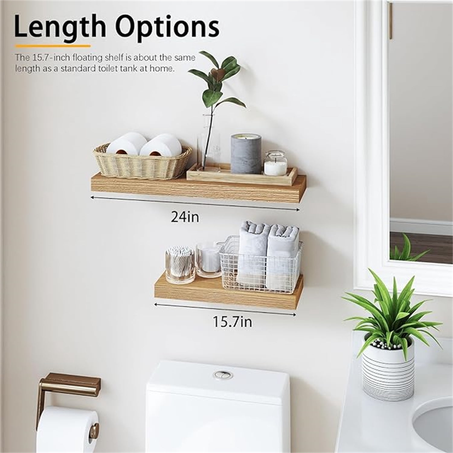 Oak Floating Shelves for Wall，24in Wall Mounted Display Ledge Shelves Perfect for Bedroom, Bathroom, Living Room and Kitchen Decoration Storage (Oak, Set of 2)