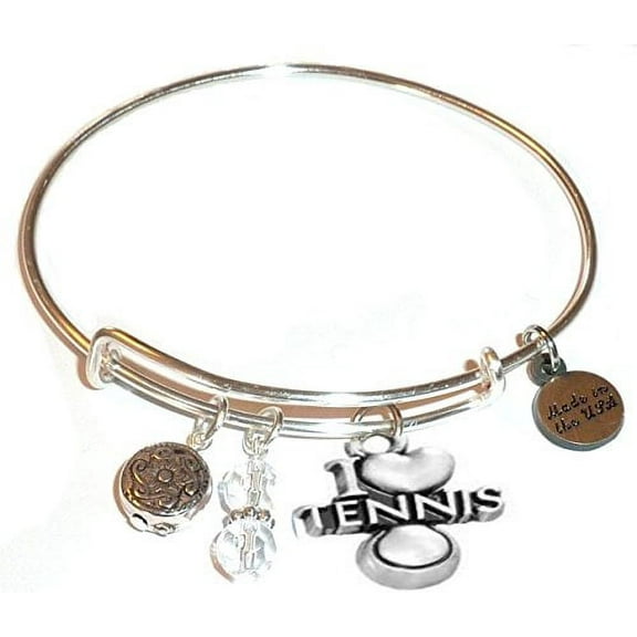 Hidden Hollow Beads "I Love Tennis" Message Charm Expandable Wire Bangle Bracelet, COMES IN A GIFT BOX!