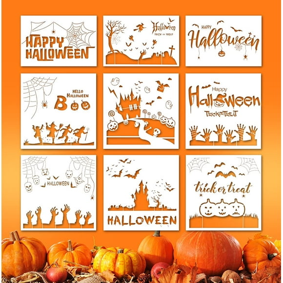 Wood Wall Painting Stencils - 9PCS Creative Patterns for DIY Drawing, Pumpkin Bat Decoration Crafts - Perfect for Party
