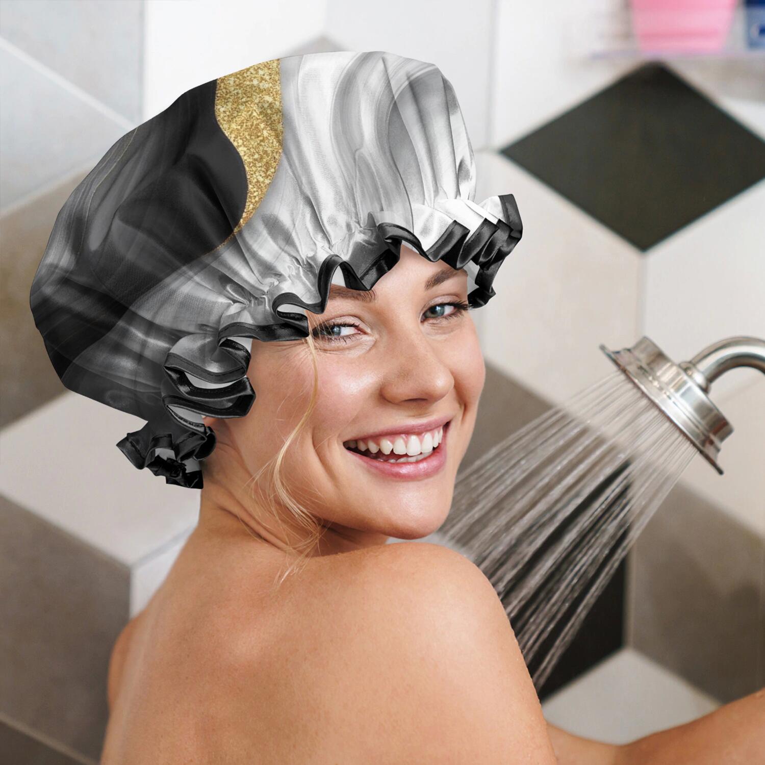 Shower Caps,Black White Marble Gold Wave Pattern Waterproof Shower Cap for Women 4 Pieces,Double Reusable Hair Cover for Shower PEVA Elastic Stretch Hem