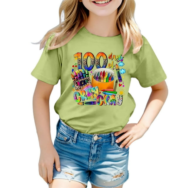 LUOGENLI T-Shirt pour Filles 100 Jours d'École Imprimé Mode Manches Courtes Col Rond T-Shirt Décontracté Ample pour Filles Denim Grande Taille Vert 6-7 Ans