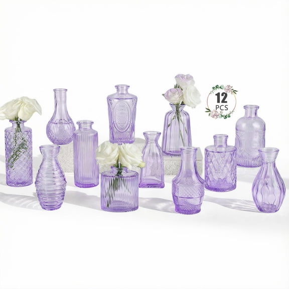 Set Purple Glass Bud Vases, Assorted Shapes Vintage Embossed Mini