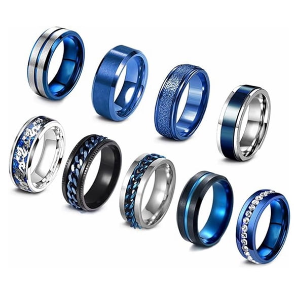 Official-website 9pcs Men's Black Stainless Steel Ring, Fashion Wedding Promise Men's Ring Set, Simple Cool Ring Set For Men Blue 7