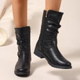thumbnail image 2 of Women's Mid Calf Combat Riding Boots Trendy Leather Buckles Side Zipper Winter Fall Slouchy Boots for Women, 2 of 6