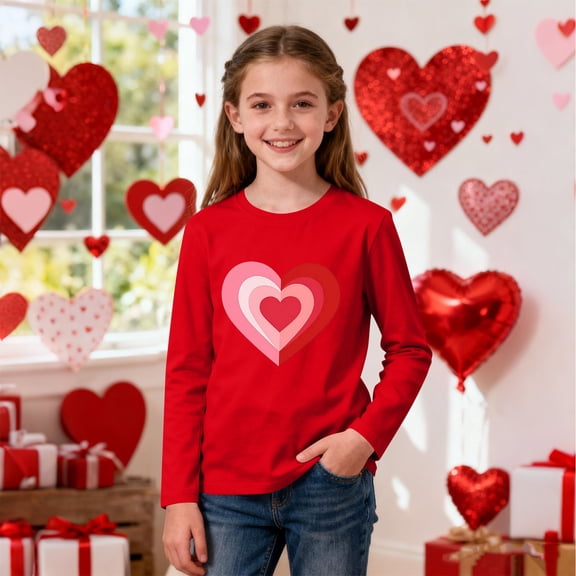 Girls Valentine's Day Shirt Long Sleeve T-Shirt Heart Print Graphic Tee Red Stretchy Comfort Top for Kids 3-14 Years,Size 3-4 T