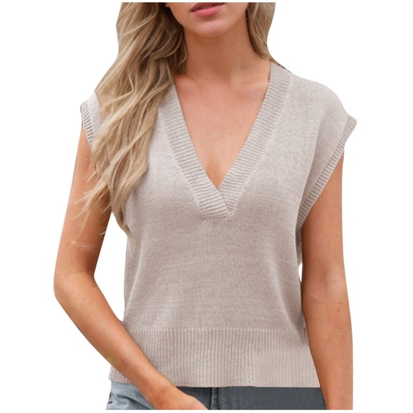 Women Summer 2025 Fashion Knit V Neck Sleeveless Solid Color Casual Tank Top for Layering and Daily Wear