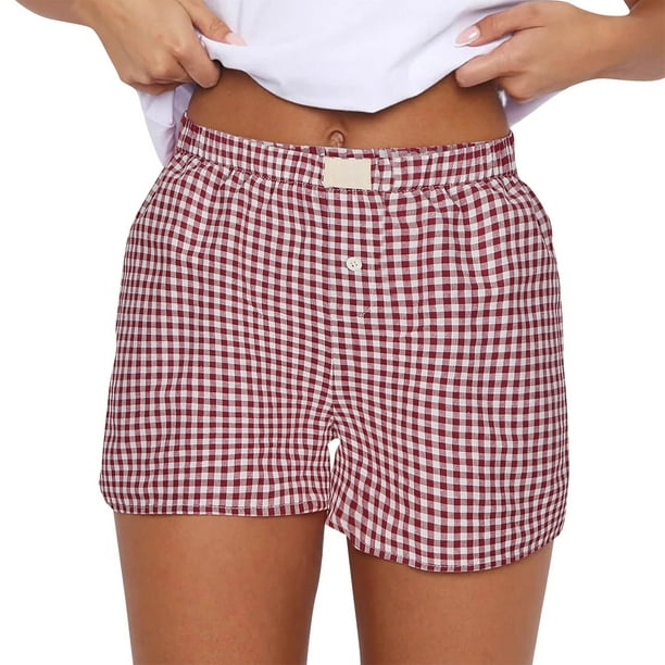 Ploknplq Shorts for Women,Ladies Shorts,Loose Shorts Women,Shorts Cute Soft Elastic Low Waist Plaid Print Front Pajama Shorts Sleepwear,Womens Shorts Dressy Casual,Comfy Shorts for Women Red 2 M