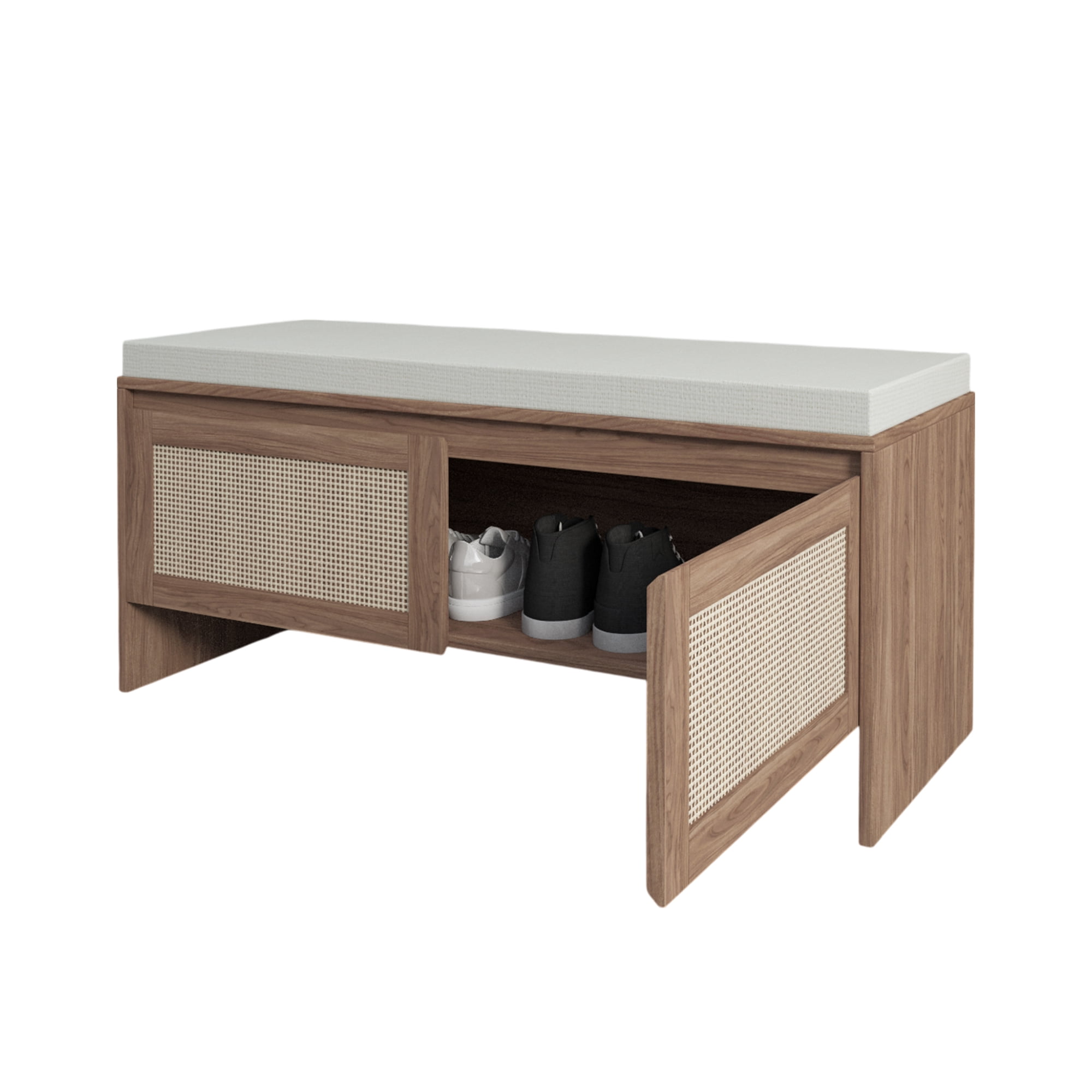 Aukfa Upholstered Entryway Shoe Storage Bench with Faux Rattan Cabinet Doors for Hallway/Bedroom/Living Room,Natural