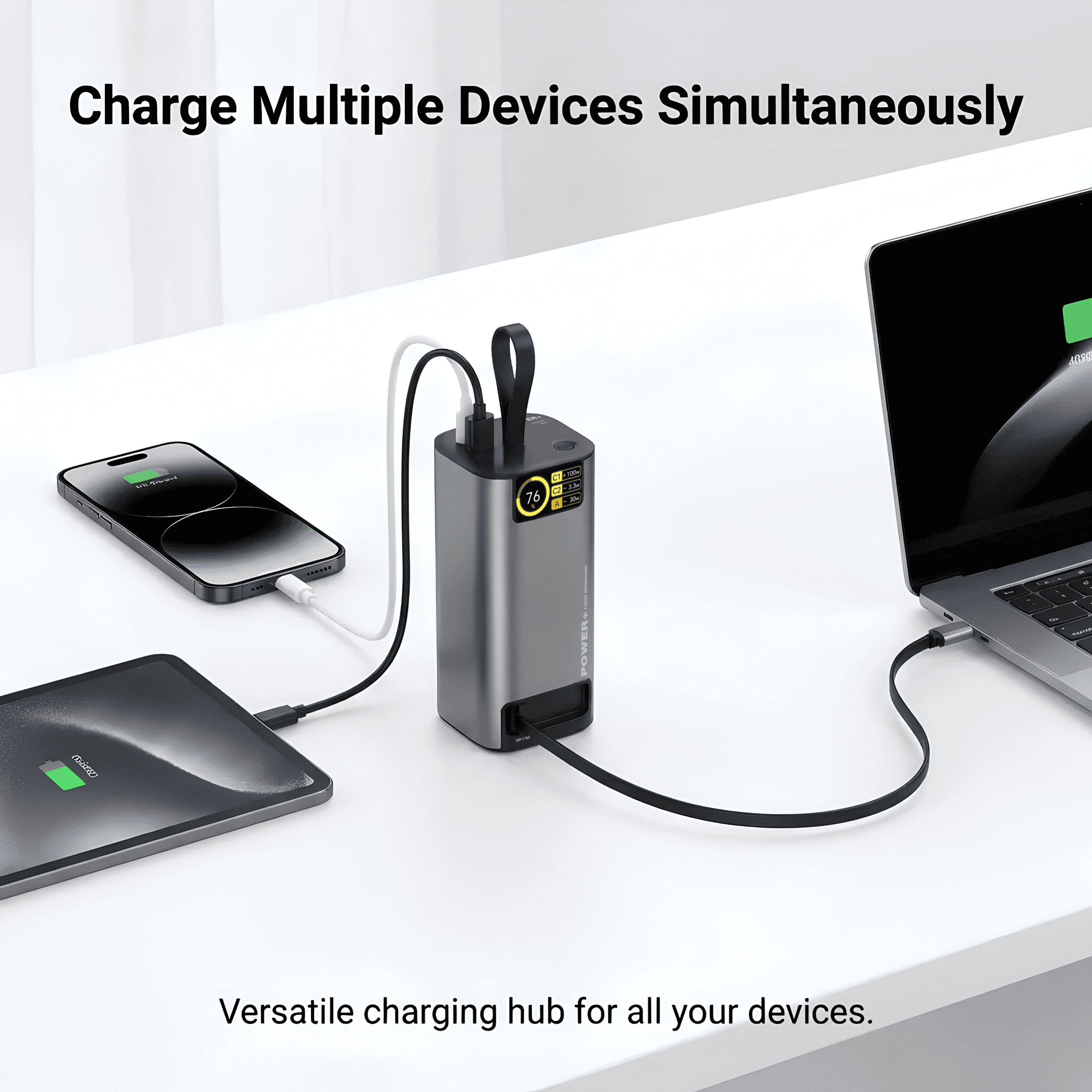 20000mAh Portable Charger Power Bank with Retractable USB-C Cable, 130W Power Pack for Phone Laptop and Tablet, Digital Display, USB-A and USB-C Ports