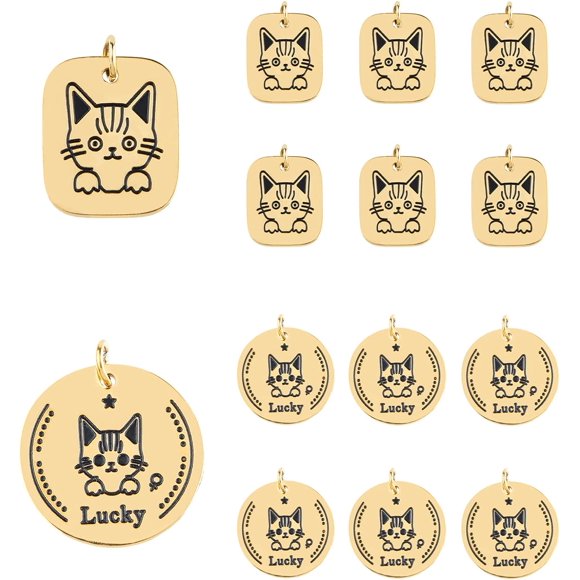 12Pcs 2 Style Cat Lucky Pendant Enamel Cat Pendant Flat Round Pendant Golden Rrectangle Pendant Dangle Charms Pendant with Words for Necklace Earring Jewelry Making Hole: 2.8mm