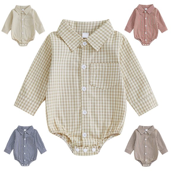 QSXADF Newborn Bodysuits Infant Girls Rompers Plaid Collared Long Sleeve Shirt Romper Infant Outfits