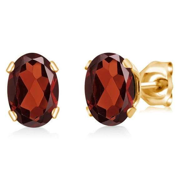 Gem Stone King Red Garnet Yellow Gold Plated Stud Earrings for Women Men (1.74 Cttw, Gemstone January Birthstone, Oval 7X5MM)